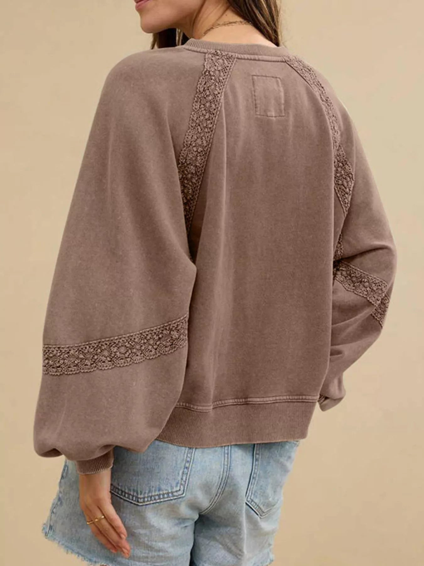 Lace Detail Notched Long Sleeve Sweatshirt Trendsi