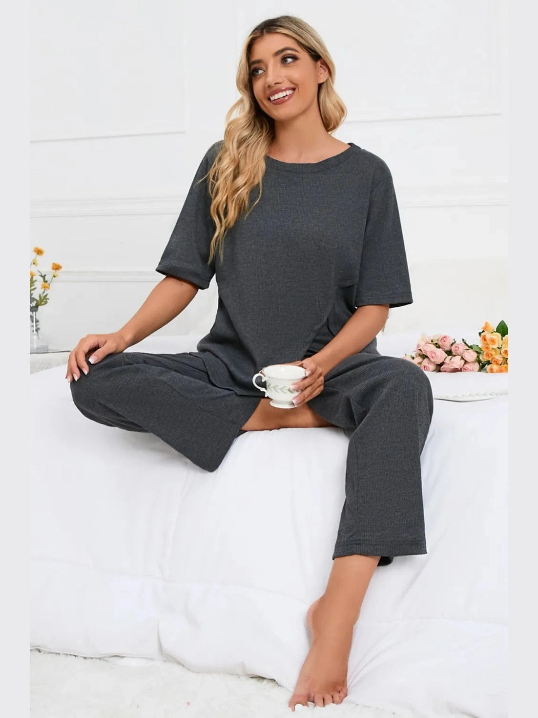 Slit Round Neck Top and Pants Lounge Set nicholesgifts