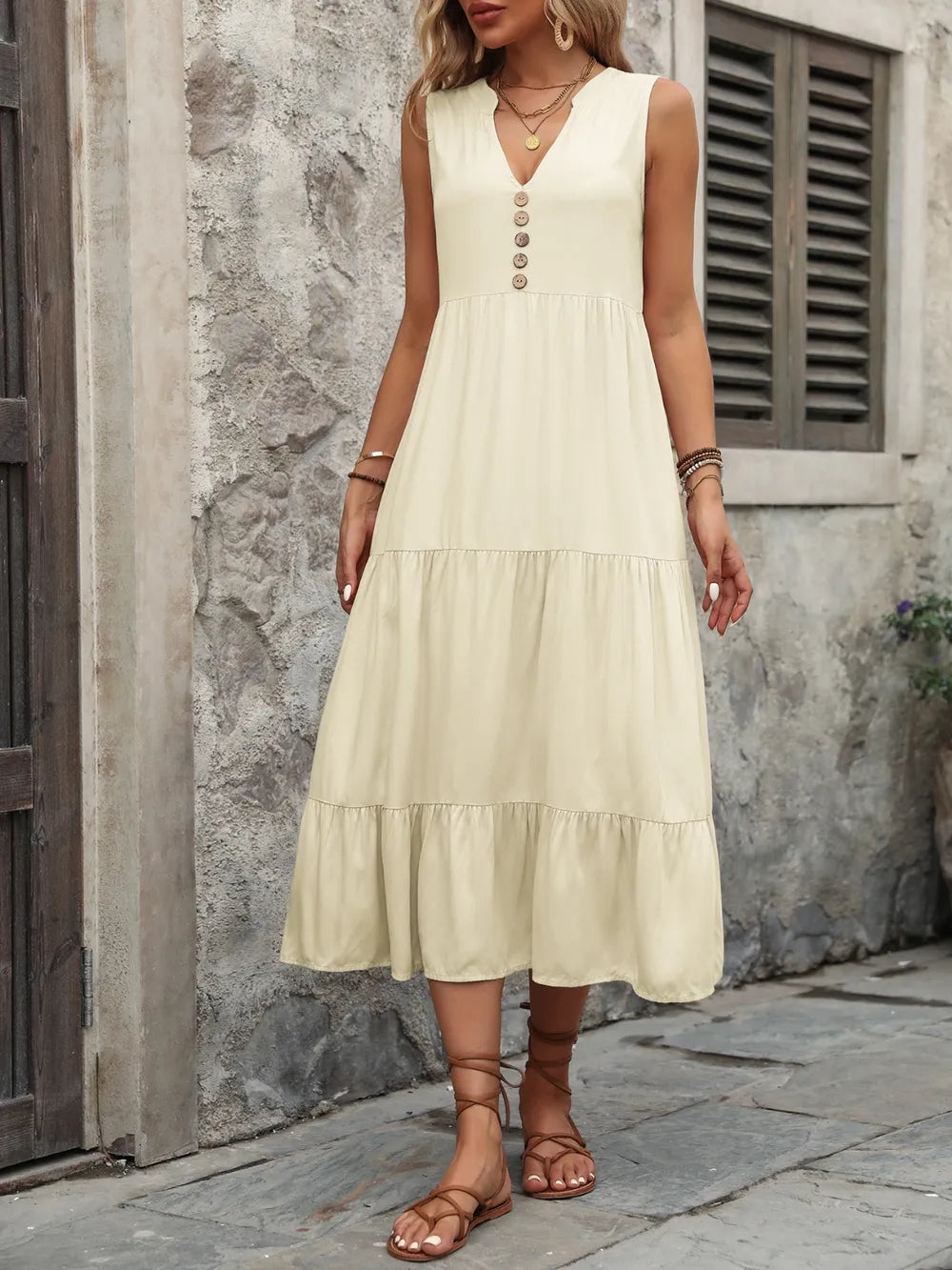 Ivy Lane Decorative Button Notched Sleeveless Dress Trendsi