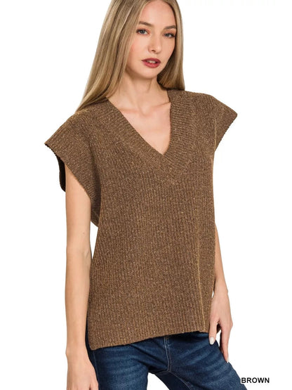 Zenana Ribbed Slit V-Neck Sweater Vest nicholesgifts