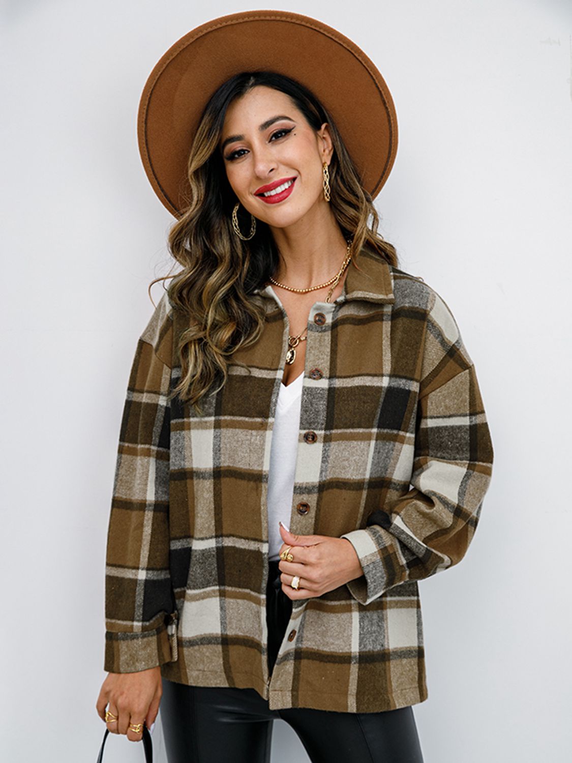 Shiny Plaid Button Up Collared Neck Jacket NicholesGifts