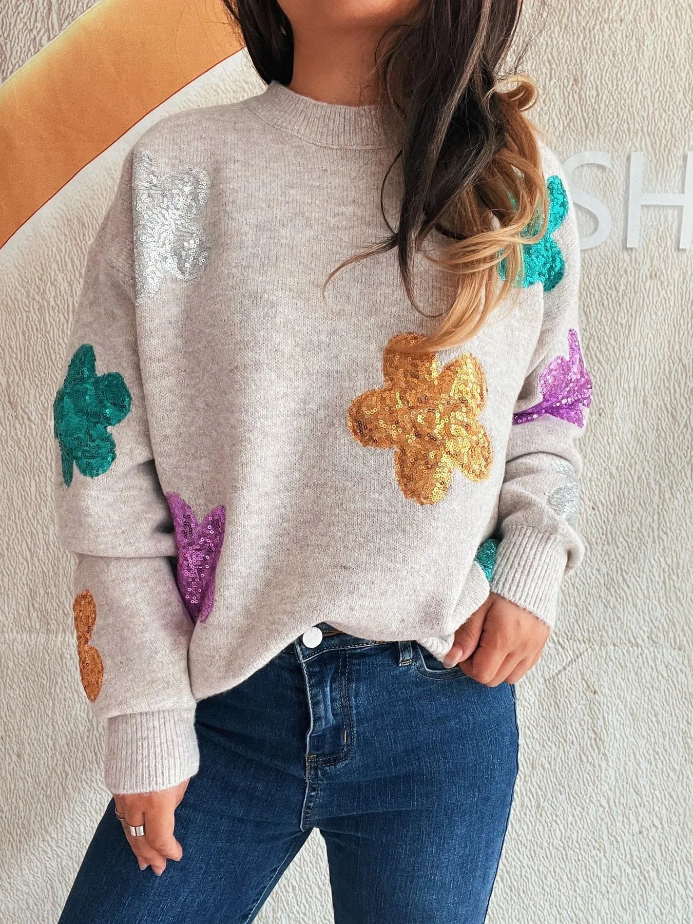 Sequin Flower Round Neck Long Sleeve Sweater nicholesgifts