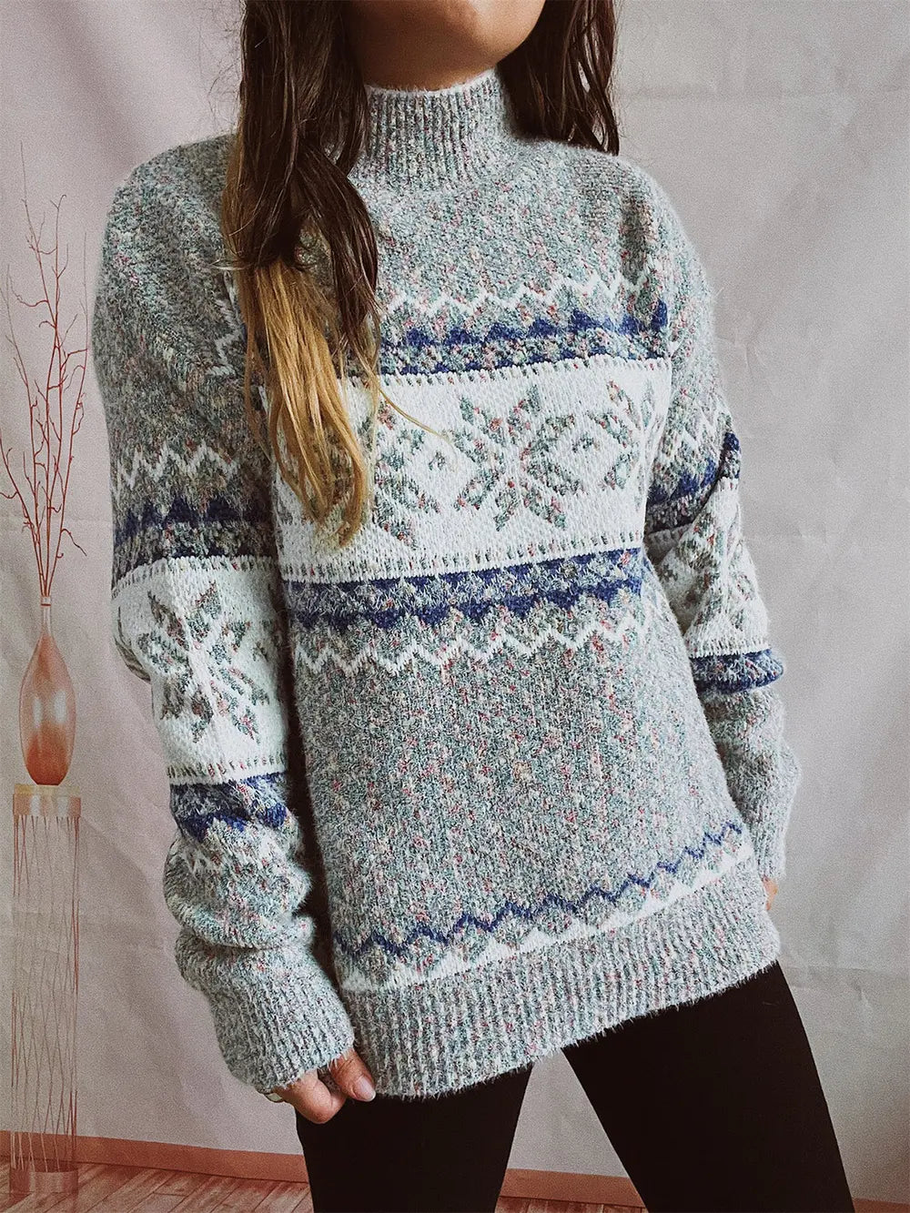 Geometric Mock Neck Dropped Shoulder Sweater Trendsi