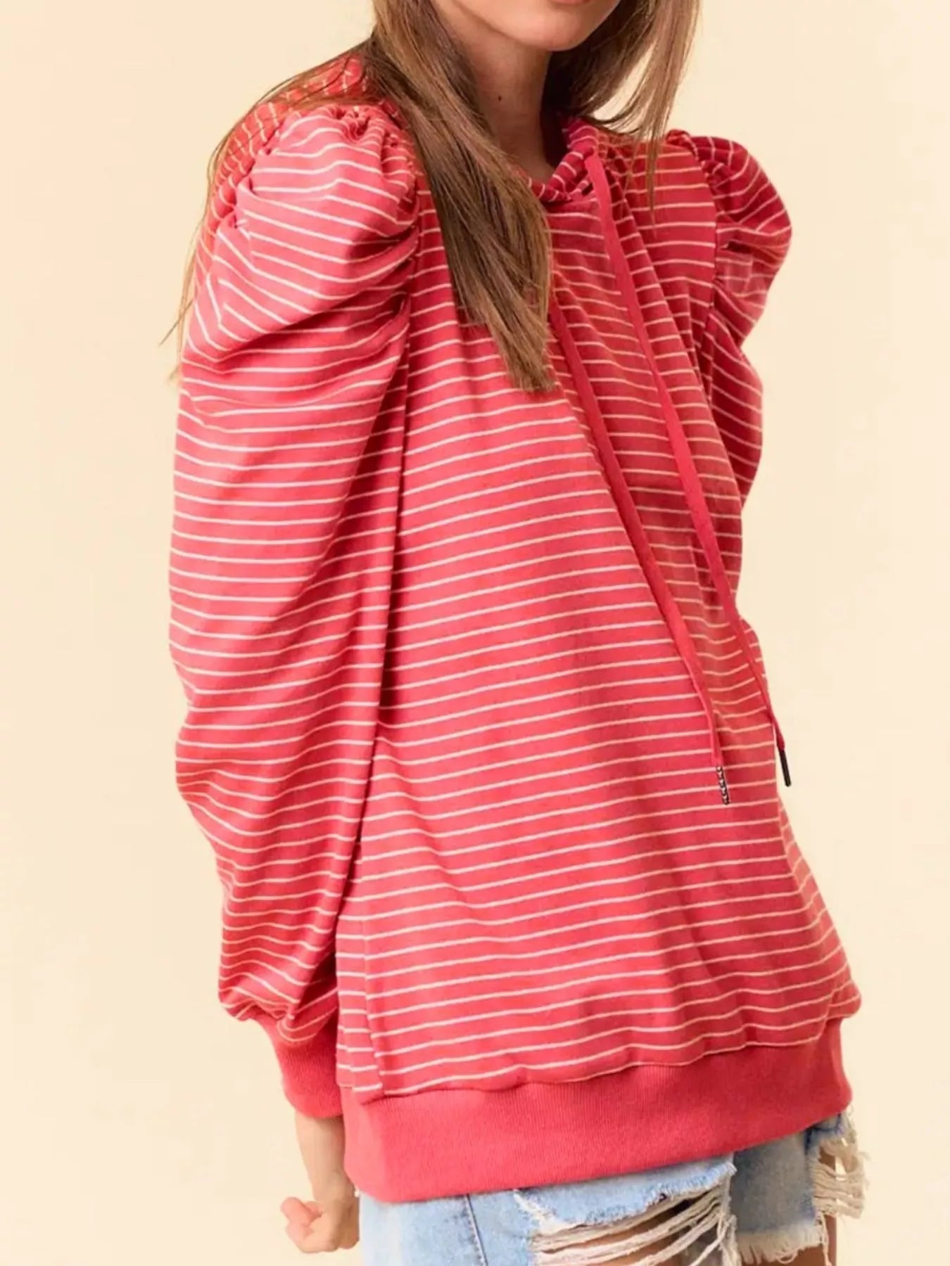 Striped Puff Sleeve Hoodie with Drawstring nicholesgifts