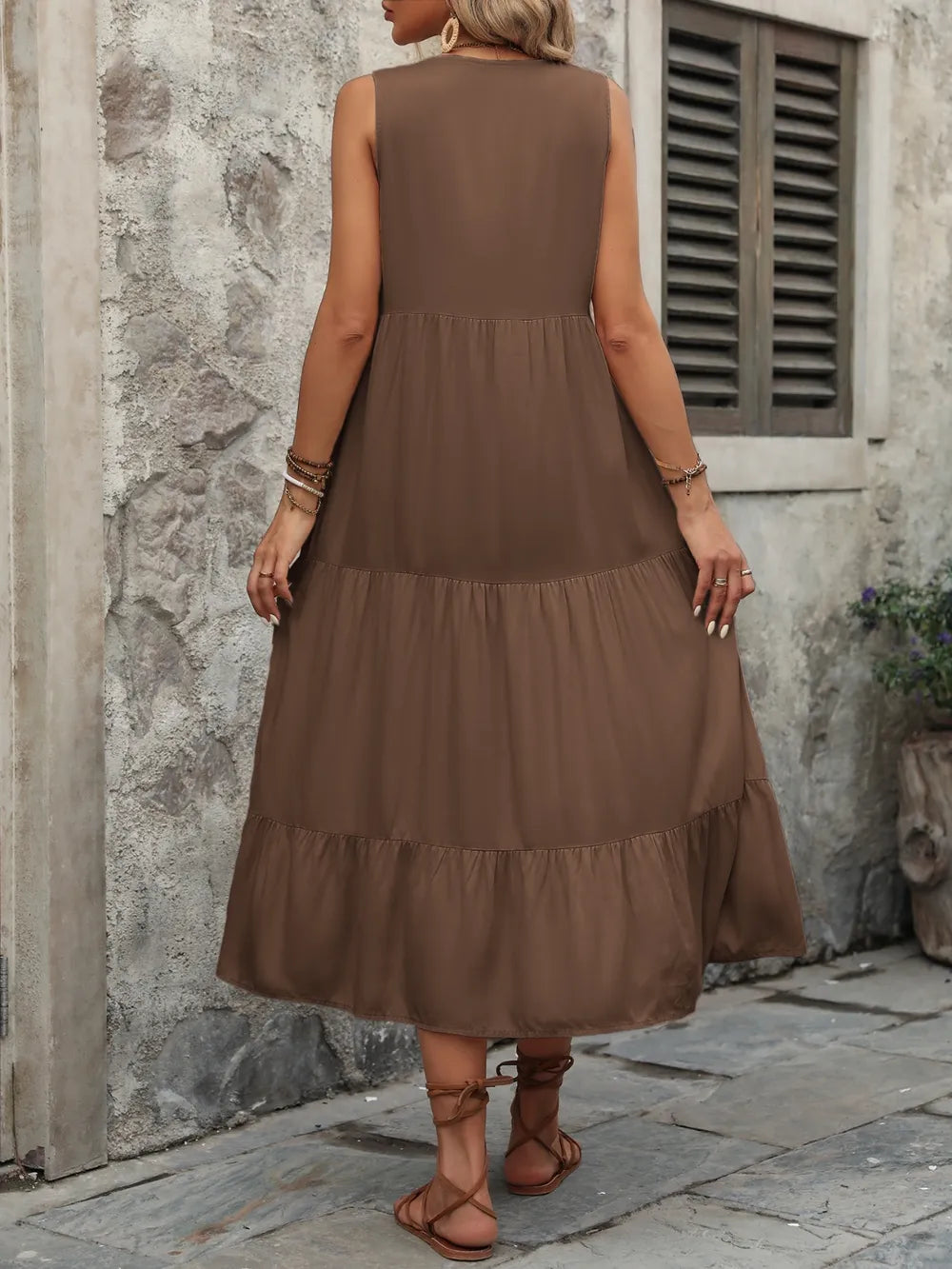 Ivy Lane Decorative Button Notched Sleeveless Dress Trendsi