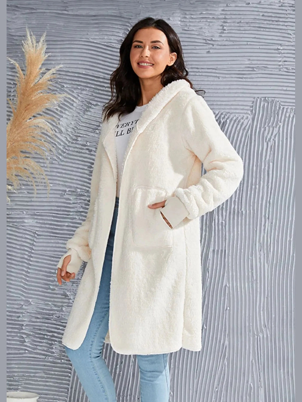 Double Take Full Size Hooded Teddy Bear Jacket with Thumbholes nicholesgifts