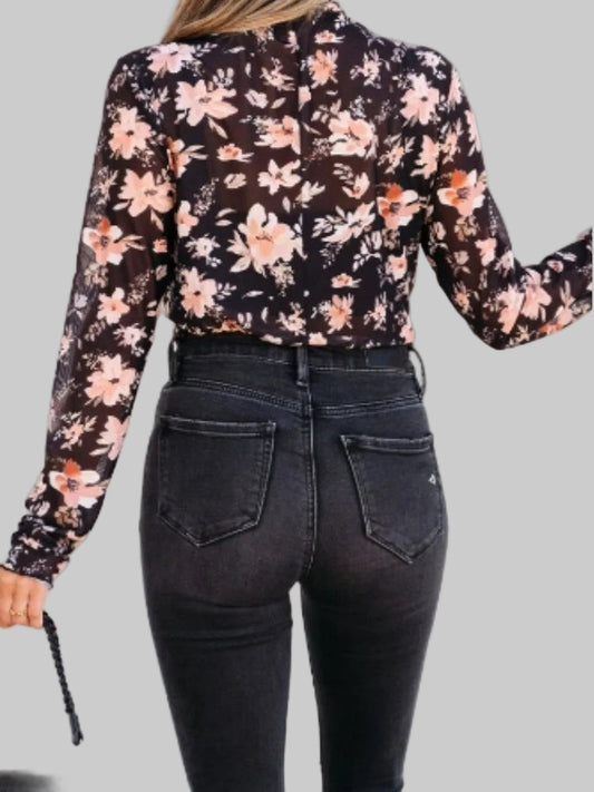 Women Floral Mock Neck Long Sleeve Blouse nicholesgifts