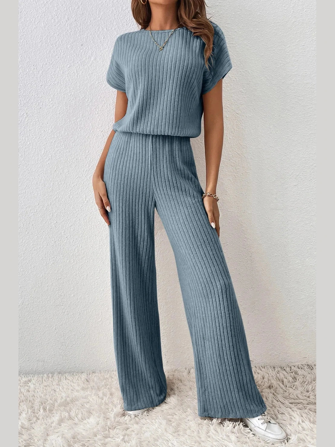Ribbed Short Sleeve Wide Leg Jumpsuit nicholesgifts