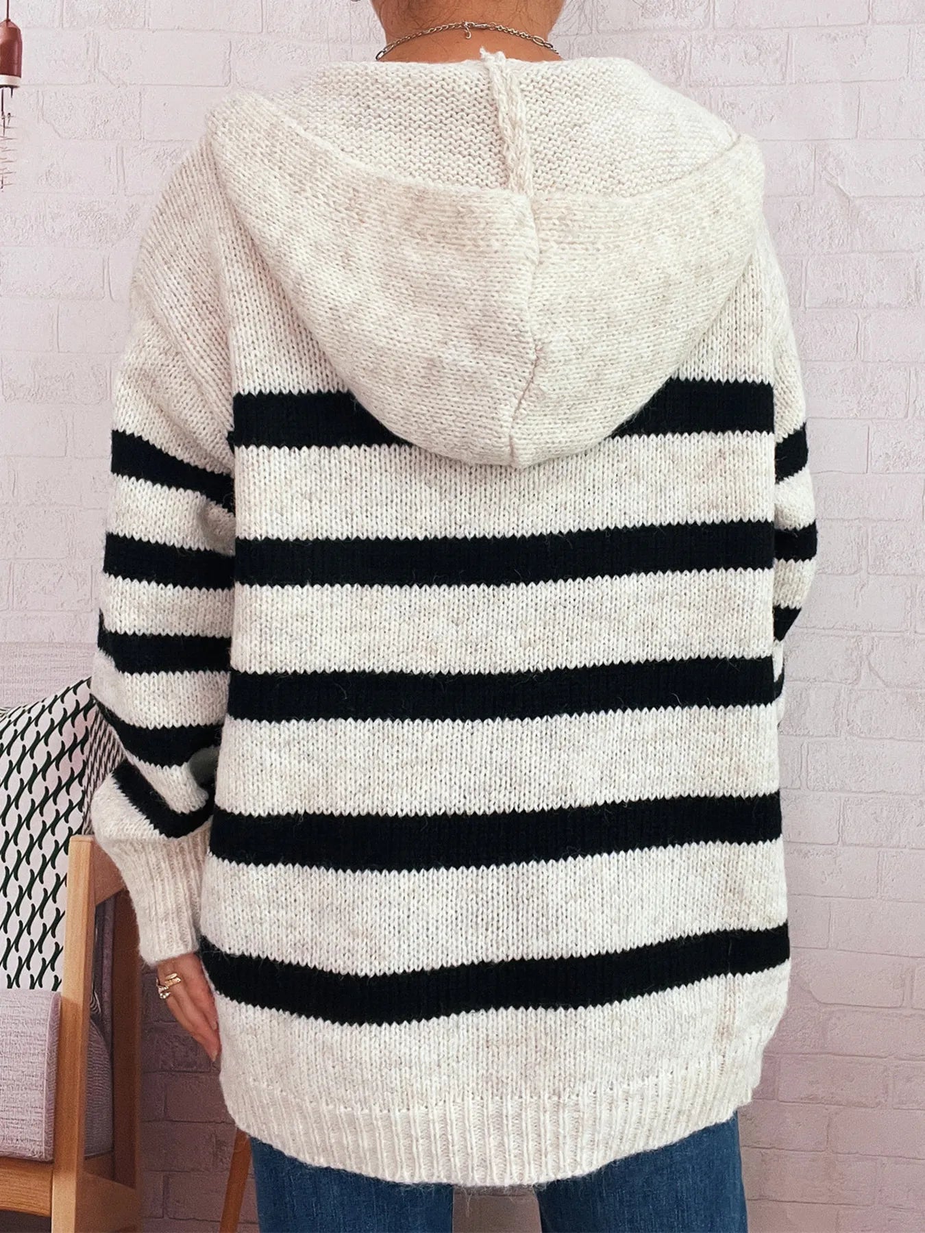 Striped Button-Up Hooded Cardigan
