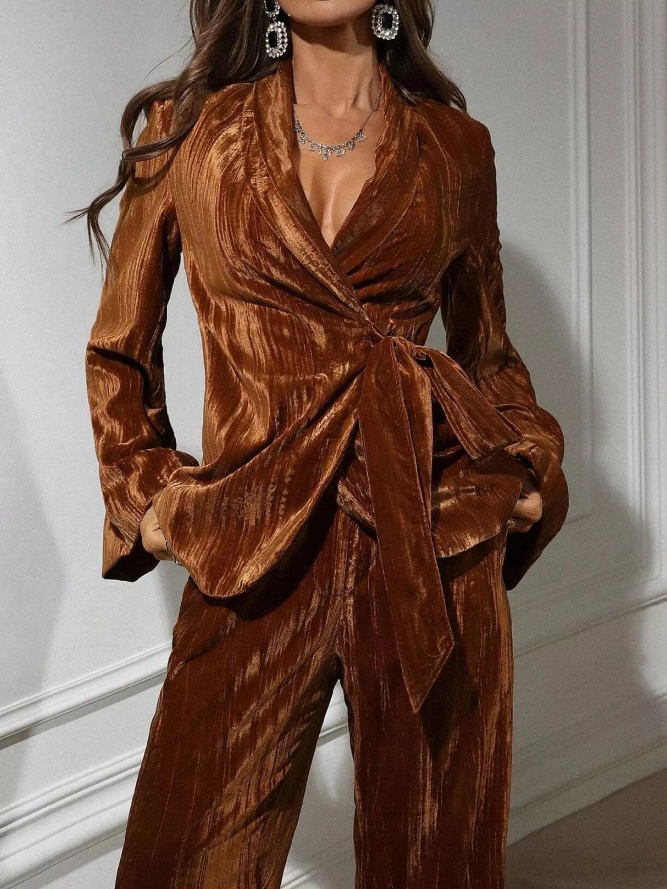 Velvet Tie Waist Blazer and Pants Set nicholesgifts