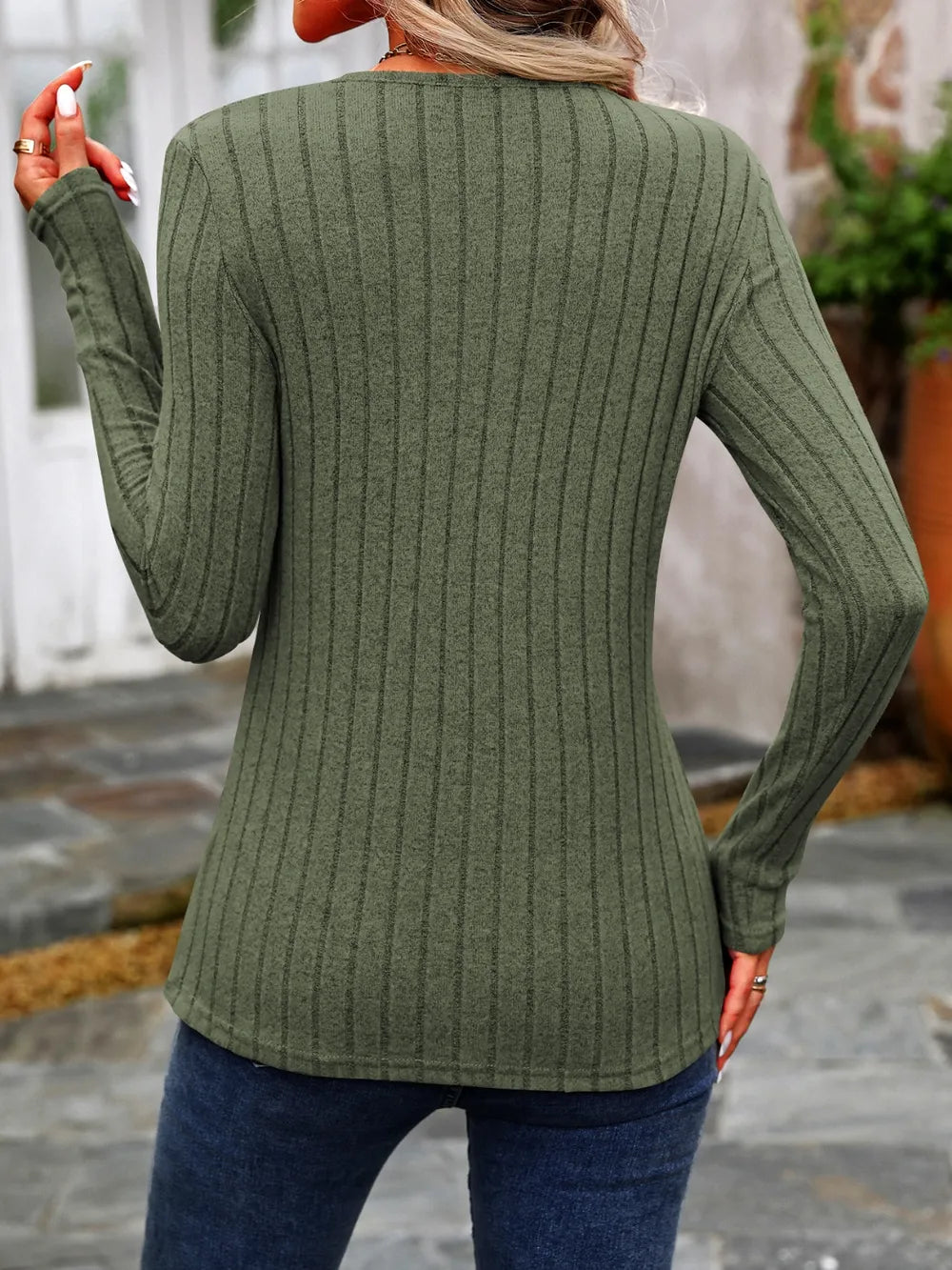 Decorative Button Round Neck Long Sleeve T-Shirt nicholesgifts