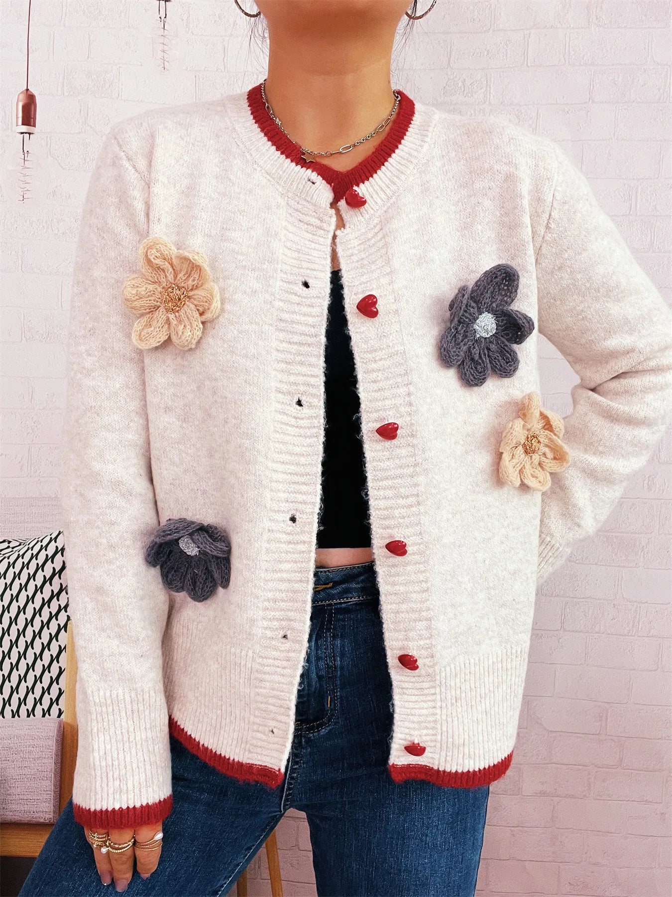 Flower Button Up Long Sleeve Cardigan