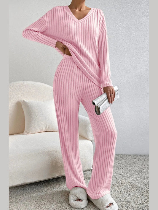Ribbed V-Neck Top and Pants Lounge Set nicholesgifts