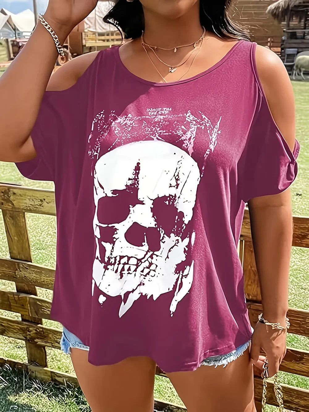Plus Size Skeleton Graphic Round Neck Cold Shoulder T-Shirt NicholesGifts
