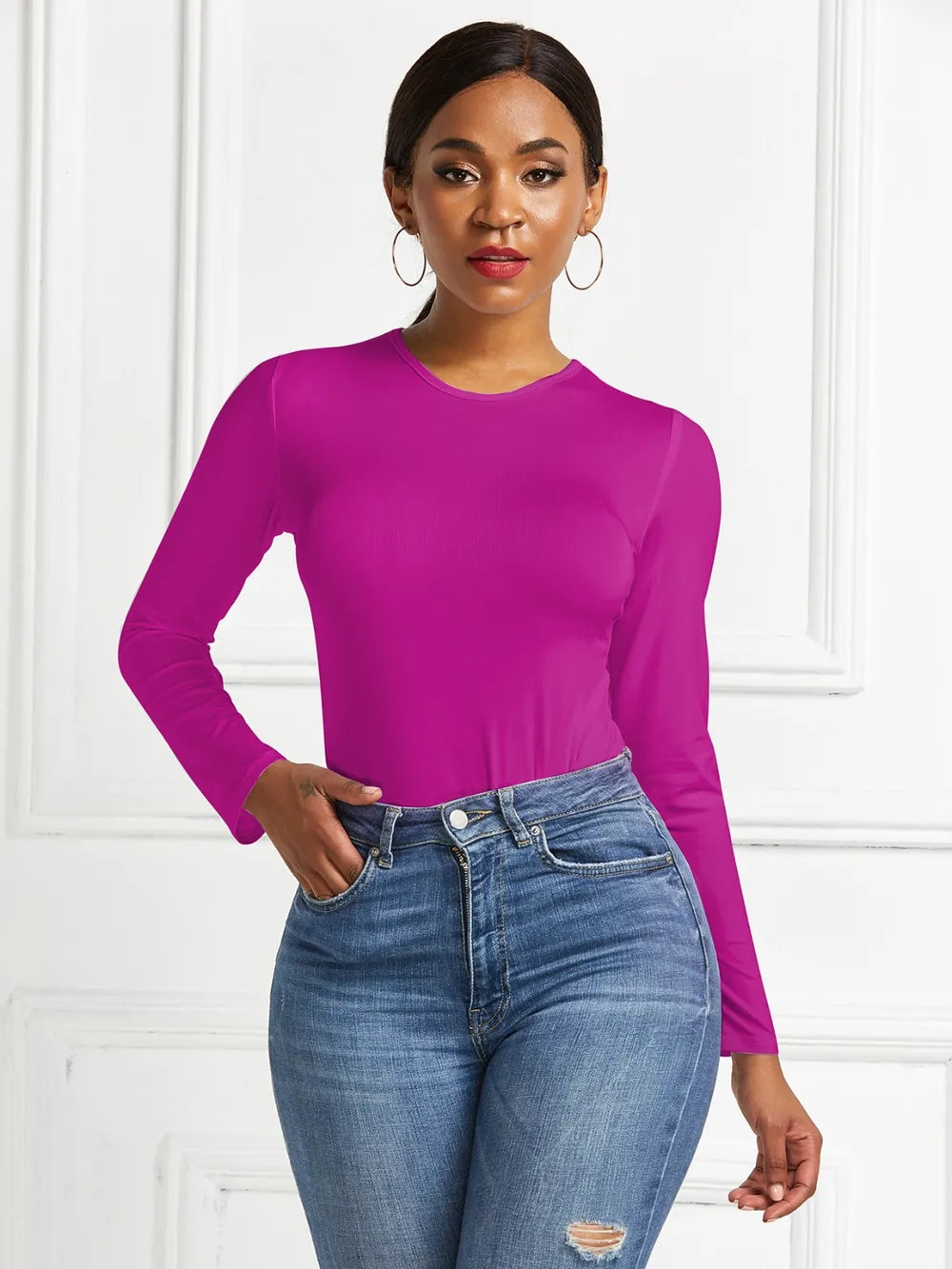 Round Neck Long Sleeve Bodysuit nicholesgifts