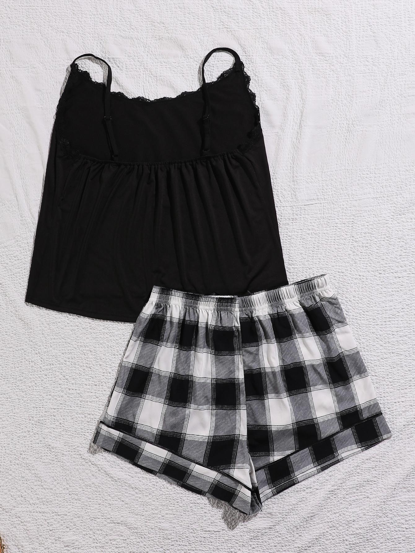 Plus Size Lace Trim Scoop Neck Cami and Printed Shorts Pajama Set nicholesgifts