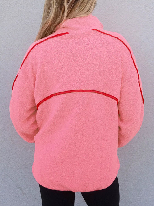 Sherpa Contrast Faux Leather Trim Half Zip Sweatshirt nicholesgifts