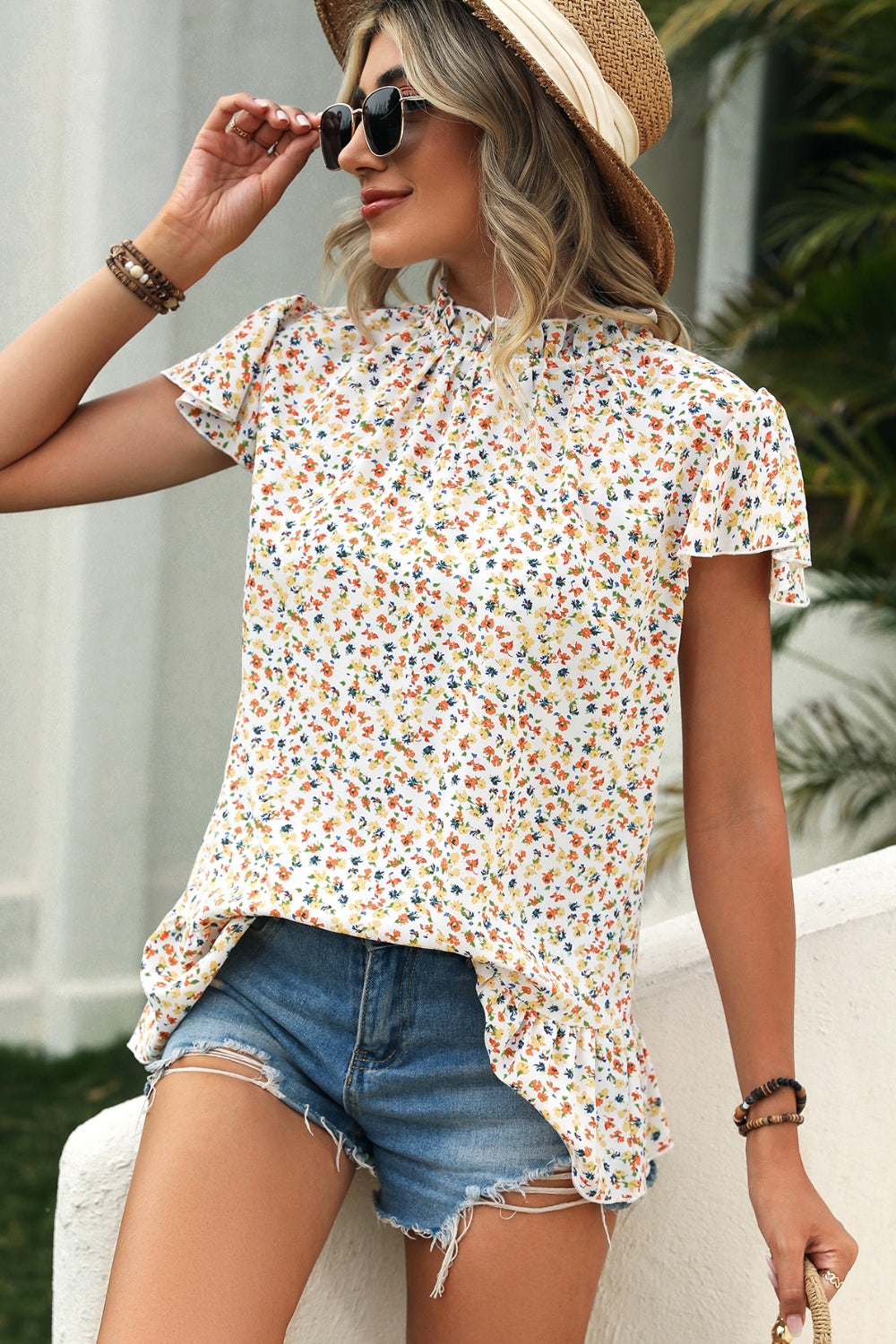 Ditsy Floral Mock Neck Short Sleeve T-Shirt nicholesgifts