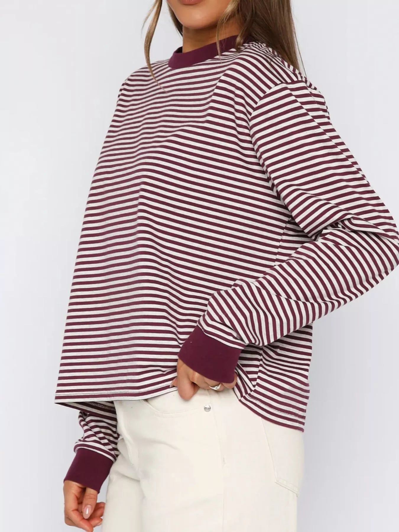 Striped Oversized Round Neck Sweatshirt nicholesgifts