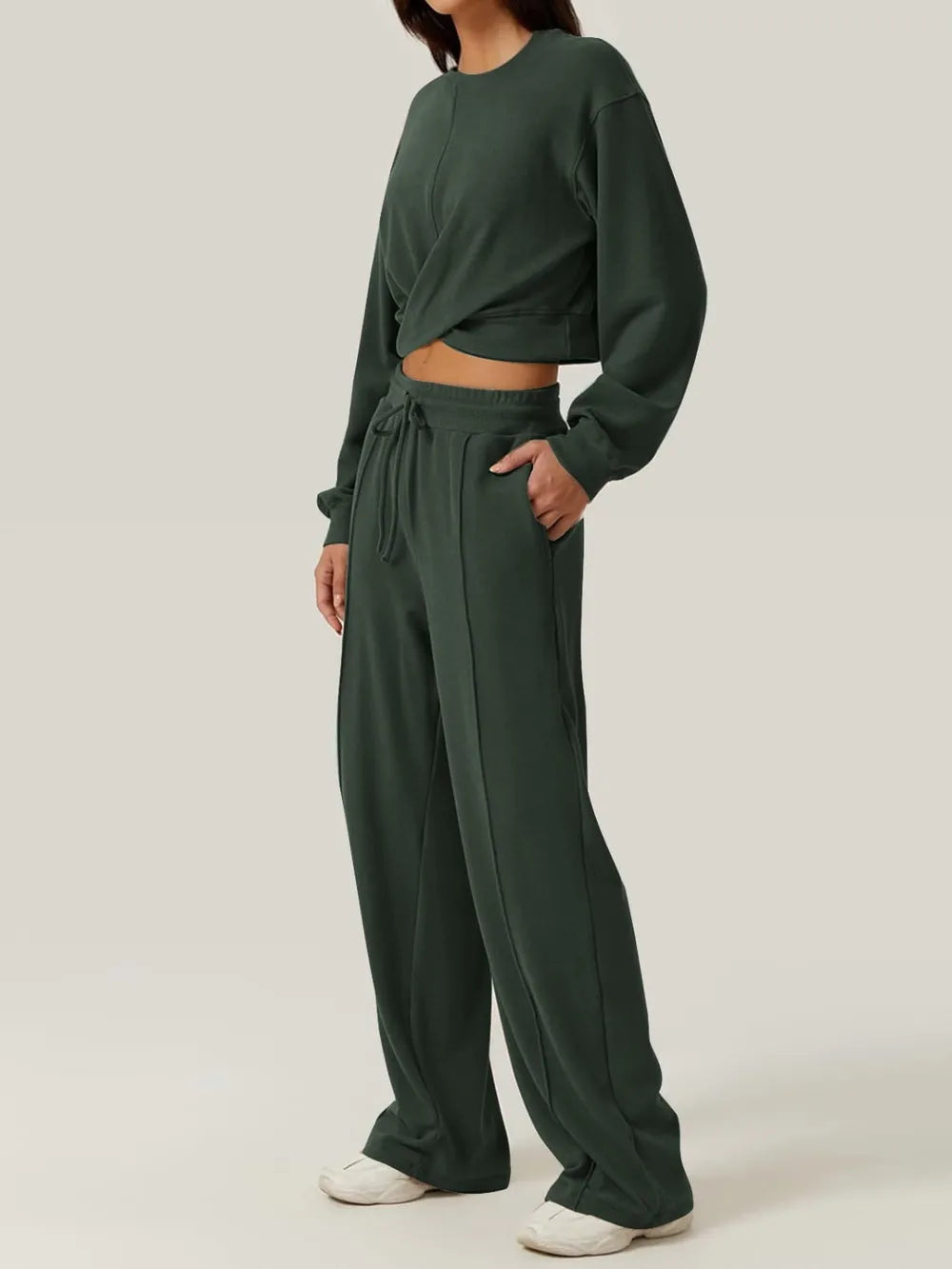 Crisscross Round Neck Top and Drawstring Pants Set nicholesgifts