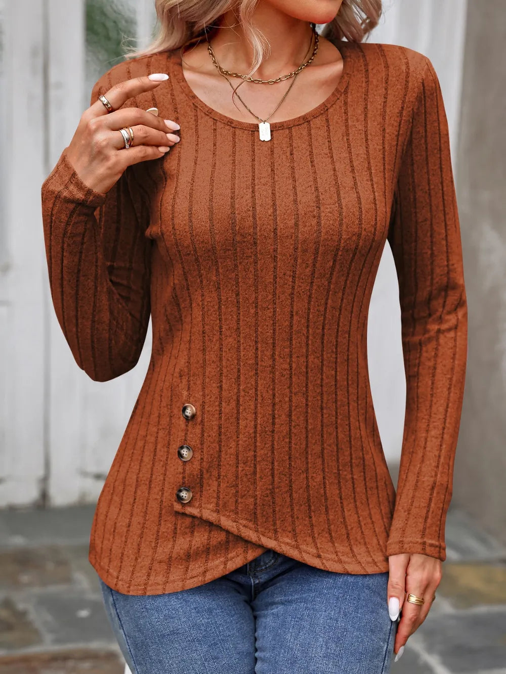 Decorative Button Round Neck Long Sleeve T-Shirt nicholesgifts