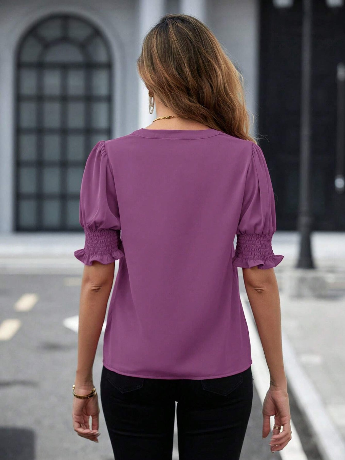 Notched Short Sleeve Blouse nicholesgifts