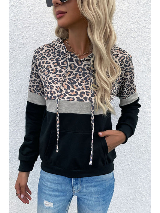 NicholesGifts Women Perfee Leopard Color Block Long Sleeve Drawstring Hoodie NicholesGifts
