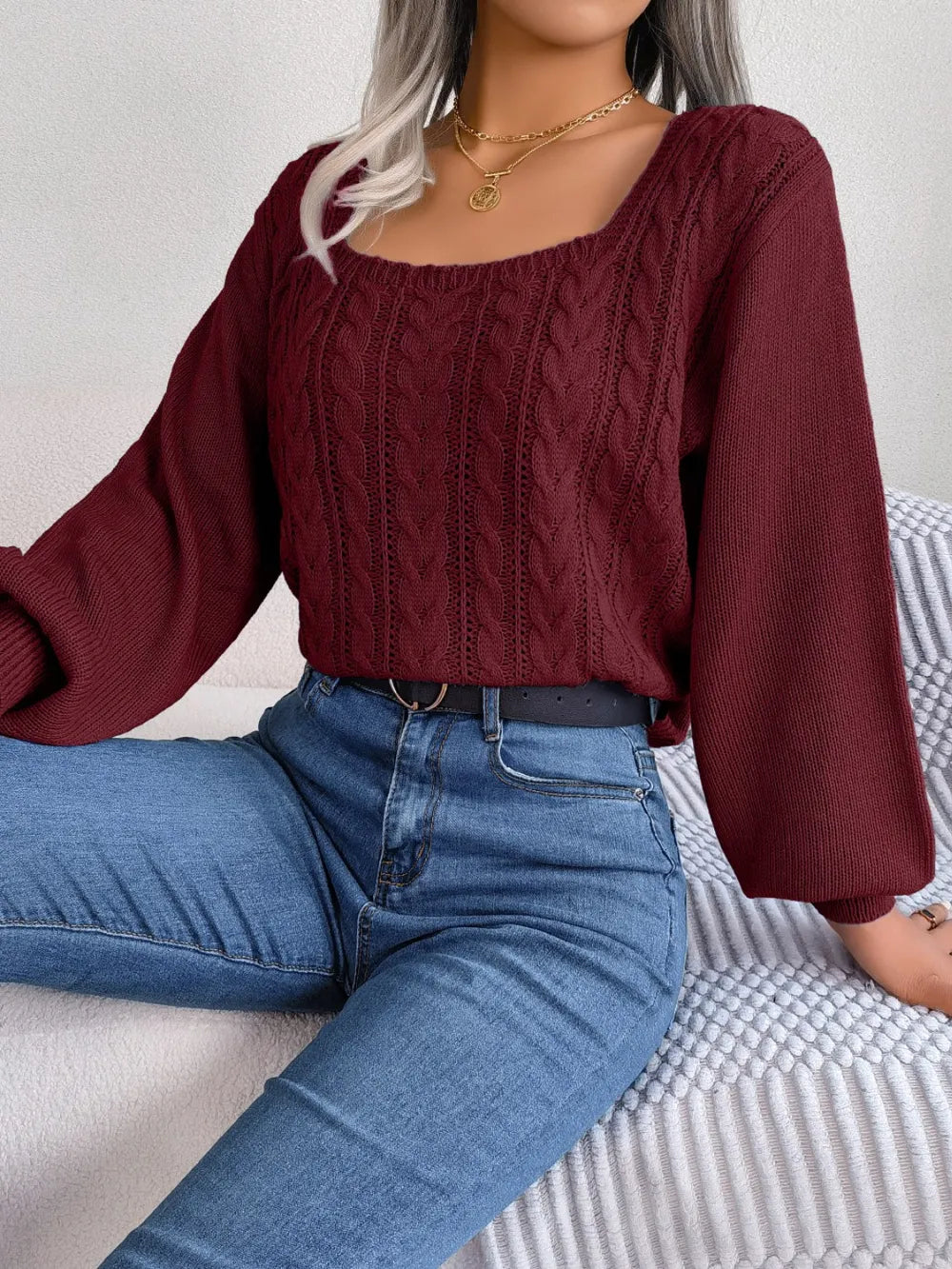 Cable-Knit Square Neck Long Sleeve Sweater Trendsi