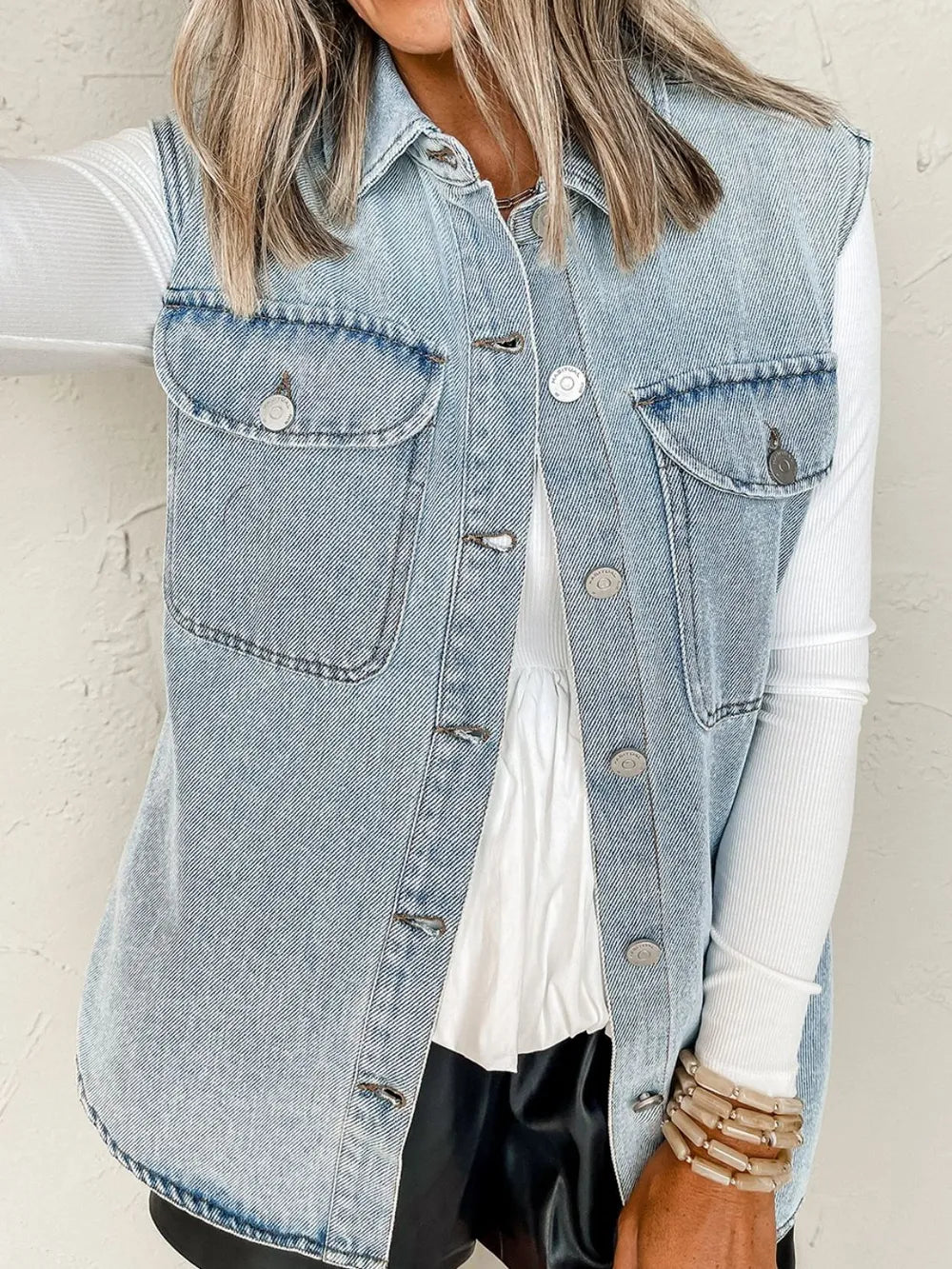 Collared Neck Button Up Denim Vest nicholesgifts