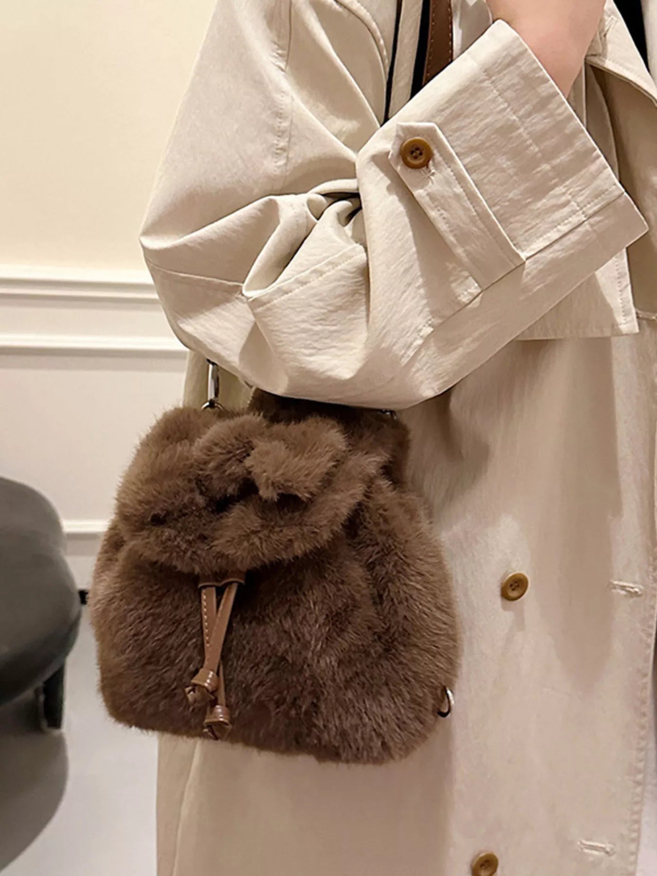 Fuzzy Plush Drawstring Backpack Bag nicholesgifts