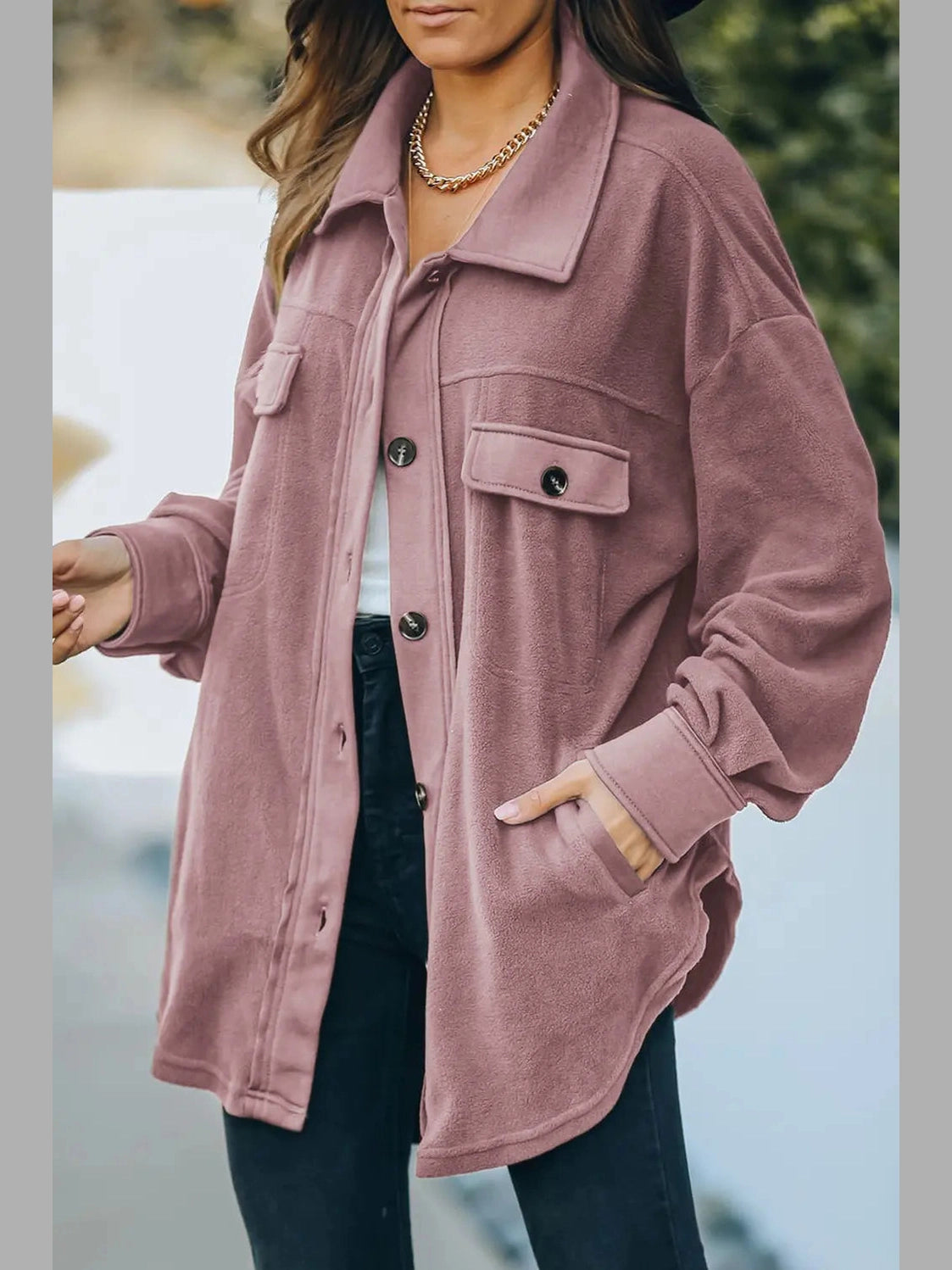 Button Up Collared Neck Long Sleeve Jacket nicholesgifts
