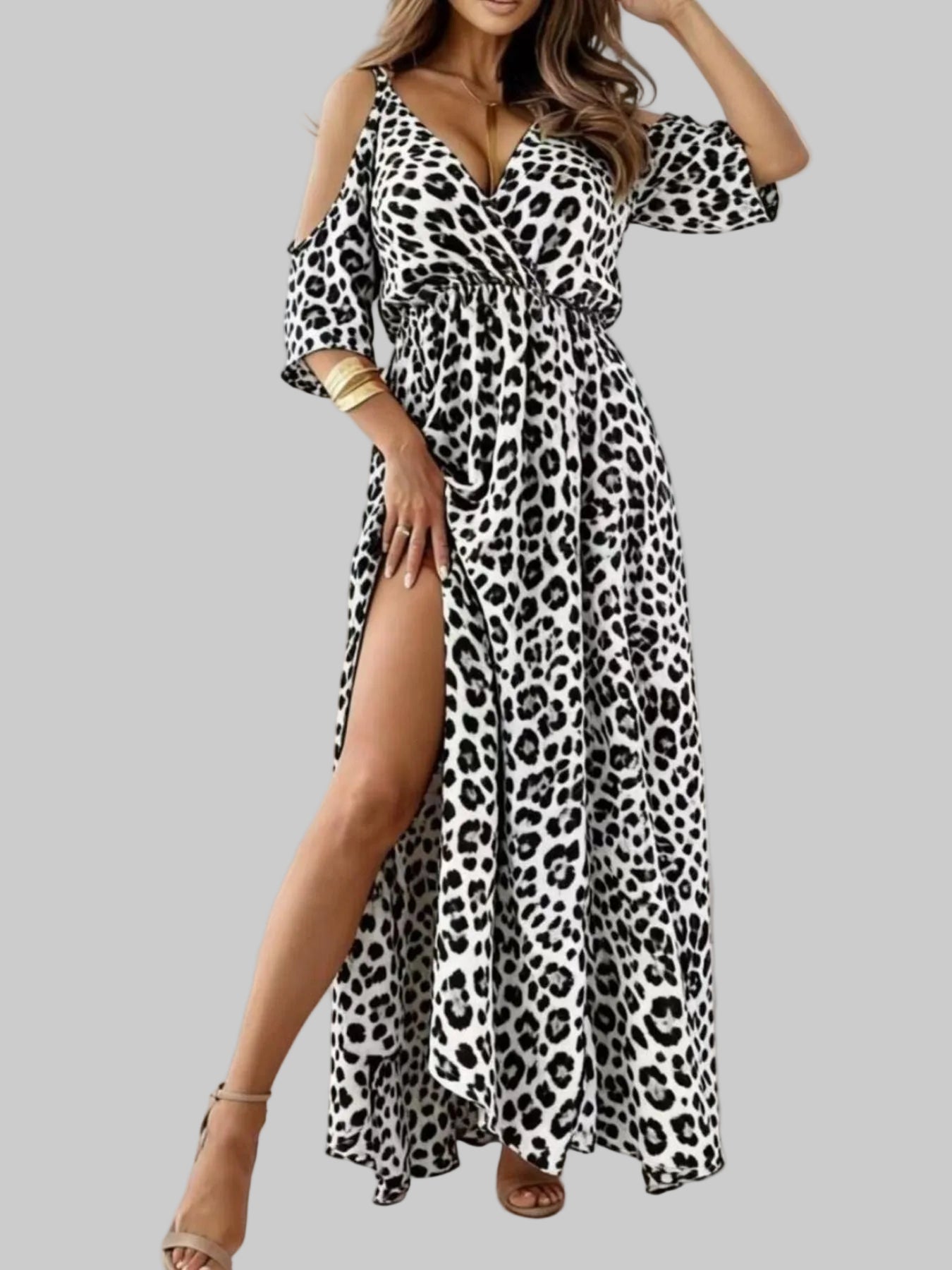 Leopard Print Cold Shoulder Slit Maxi Dress nicholesgifts