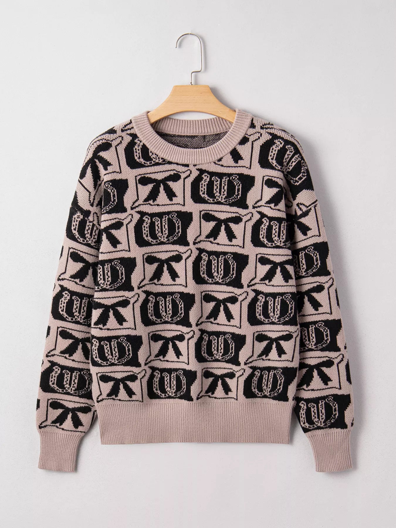 Bows & Horseshoes Pattern Round Neck Sweater Trendsi
