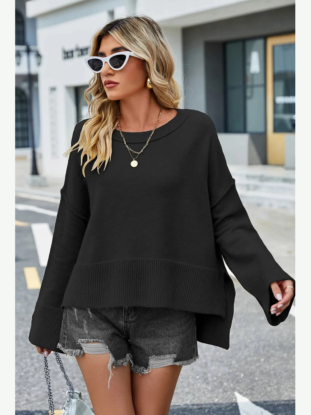 High-Low Slit Round Neck Long Sleeve Sweater nicholesgifts