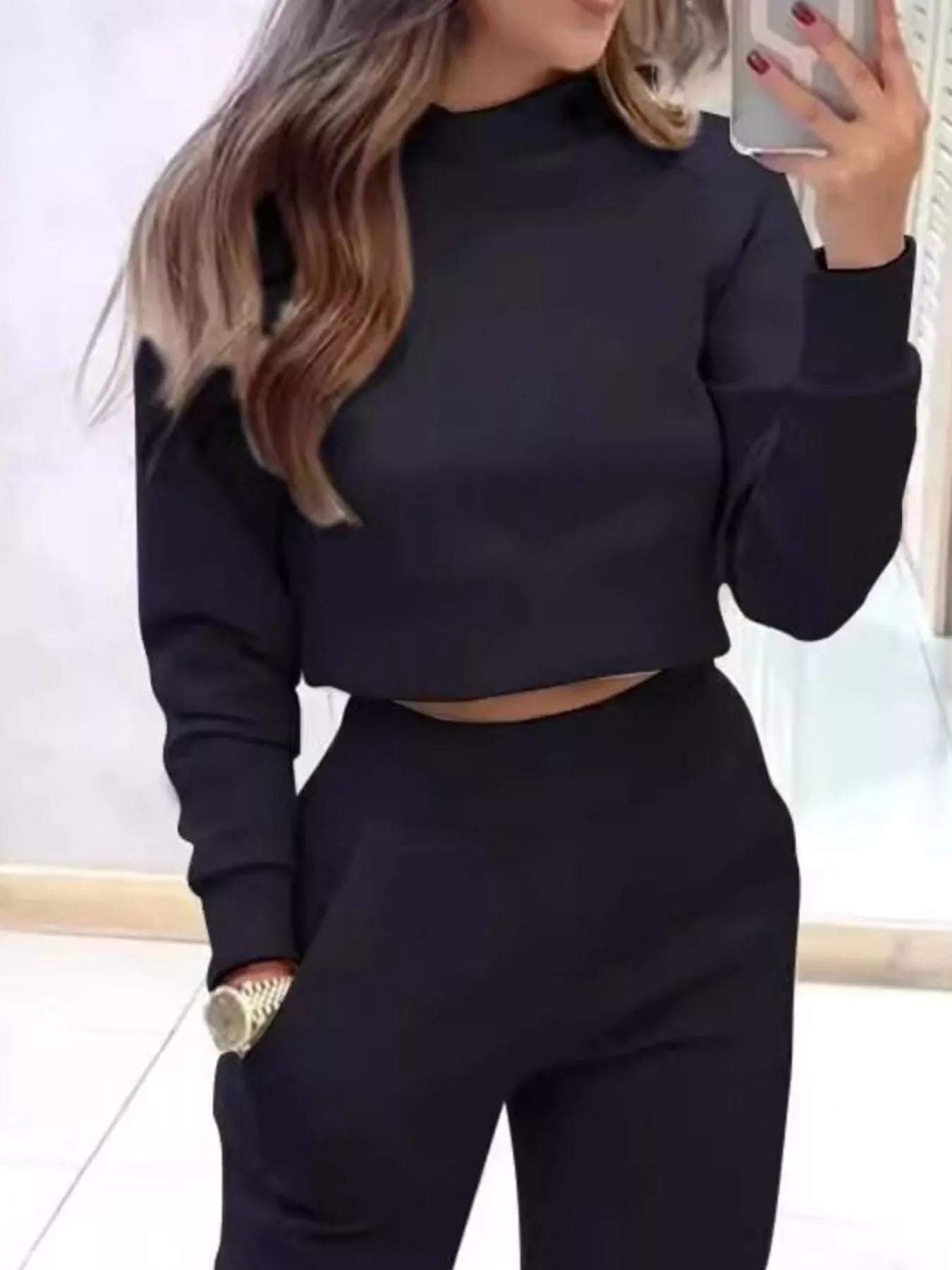 Casual Chic Cropped Sweatshirt and Jogger Set nicholesgifts