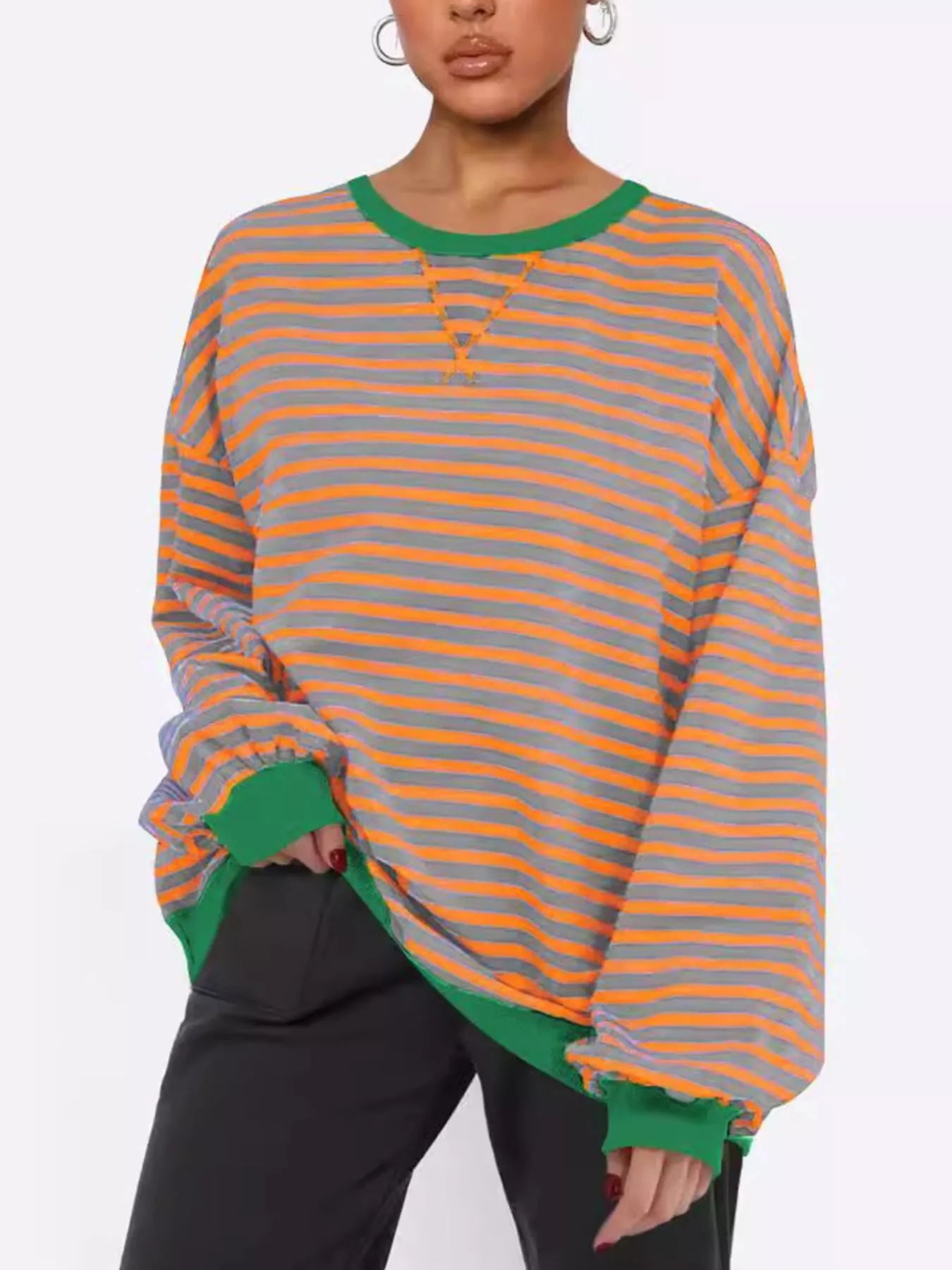 Striped Round Neck Long Sleeve Sweatshirt nicholesgifts