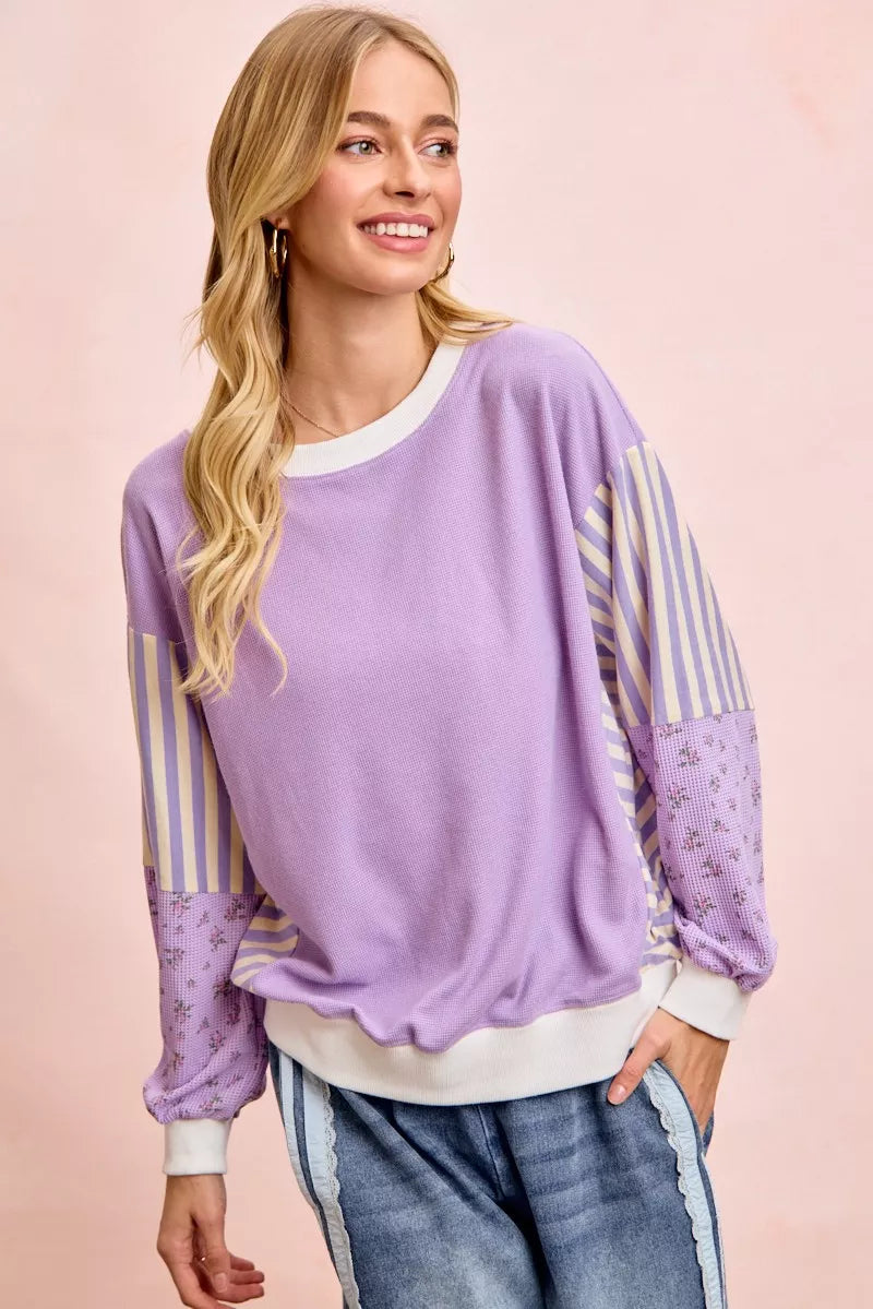 BiBi Mix and Match Sweatshirt with Floral Sleeve Striped Trendsi