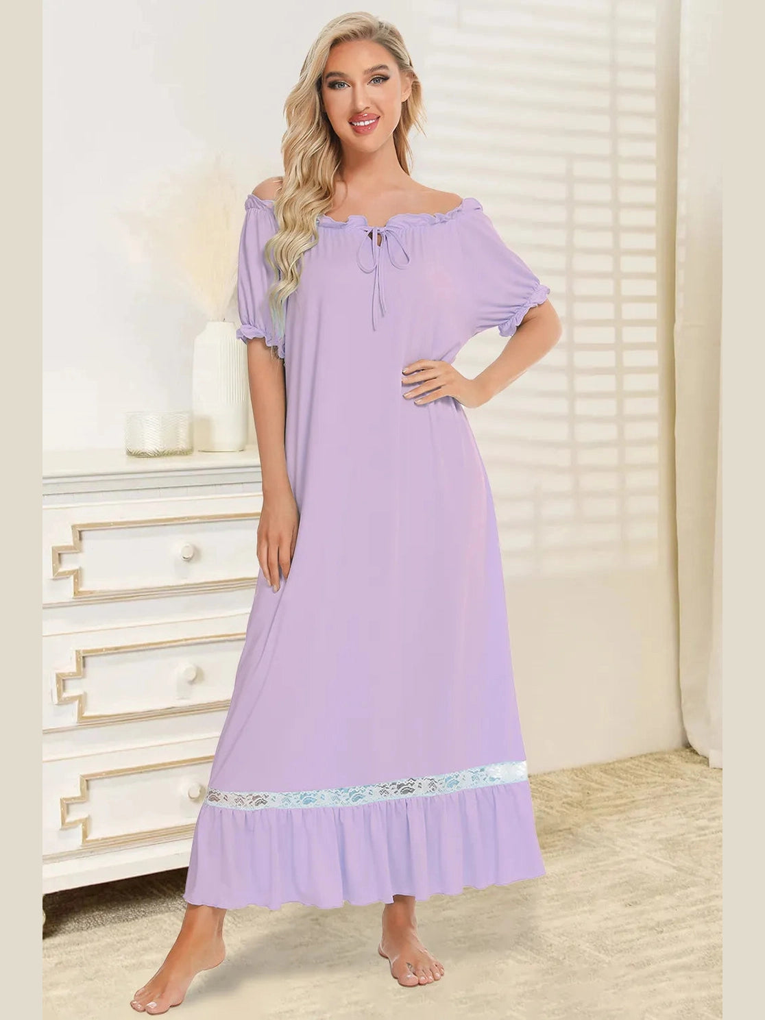Lace Detail Short Sleeve Lounge Dress nicholesgifts