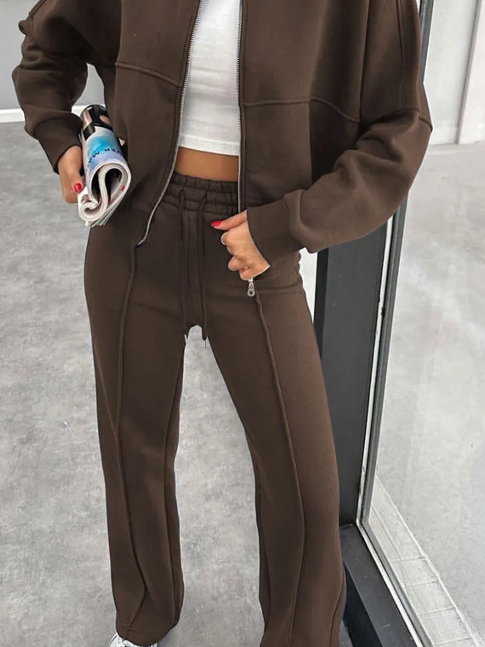 Baseball Collar Zip Up Outerwear and Drawstring Pants Set nicholesgifts