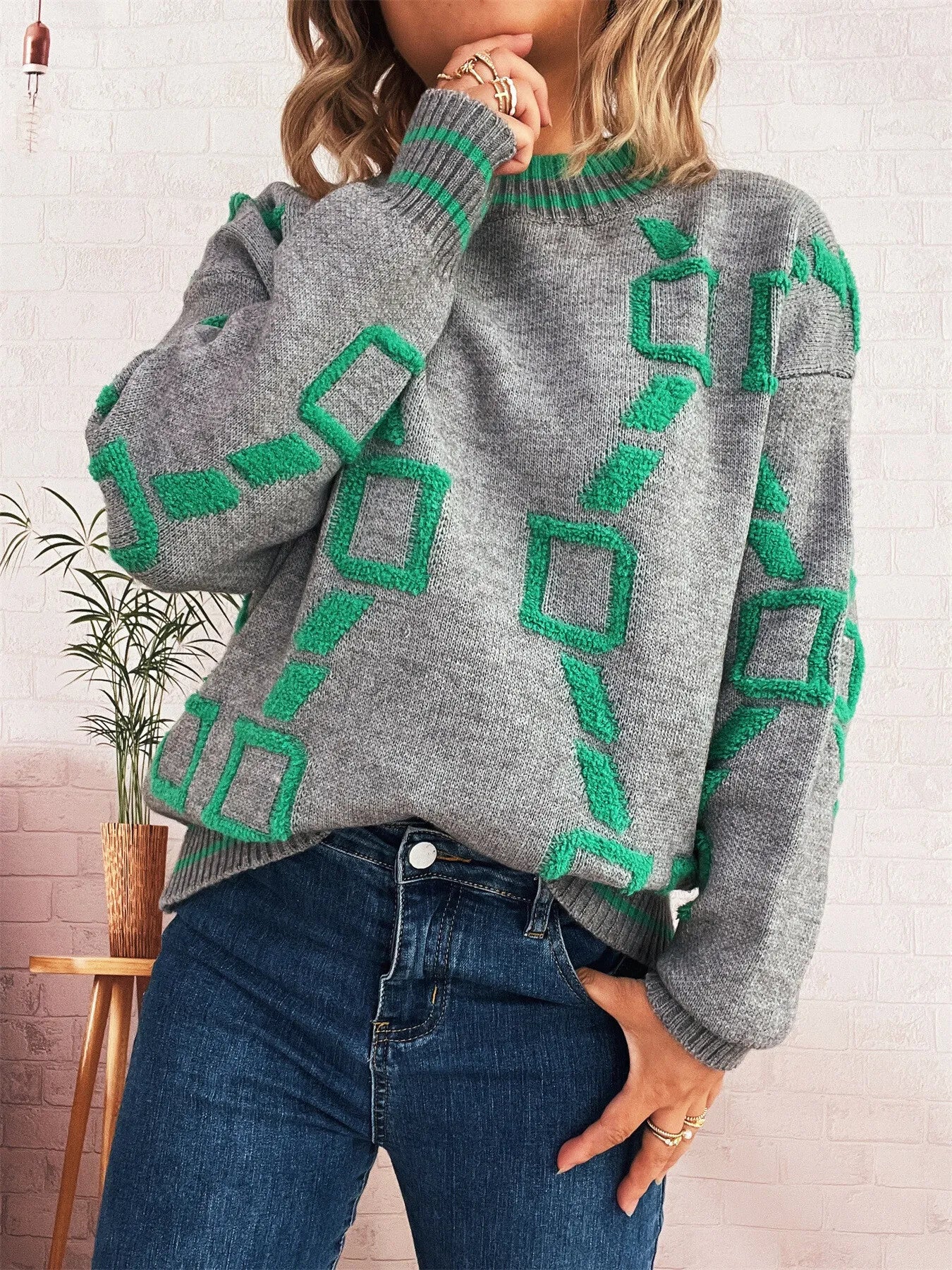 Contrast Round Neck Long Sleeve Sweater