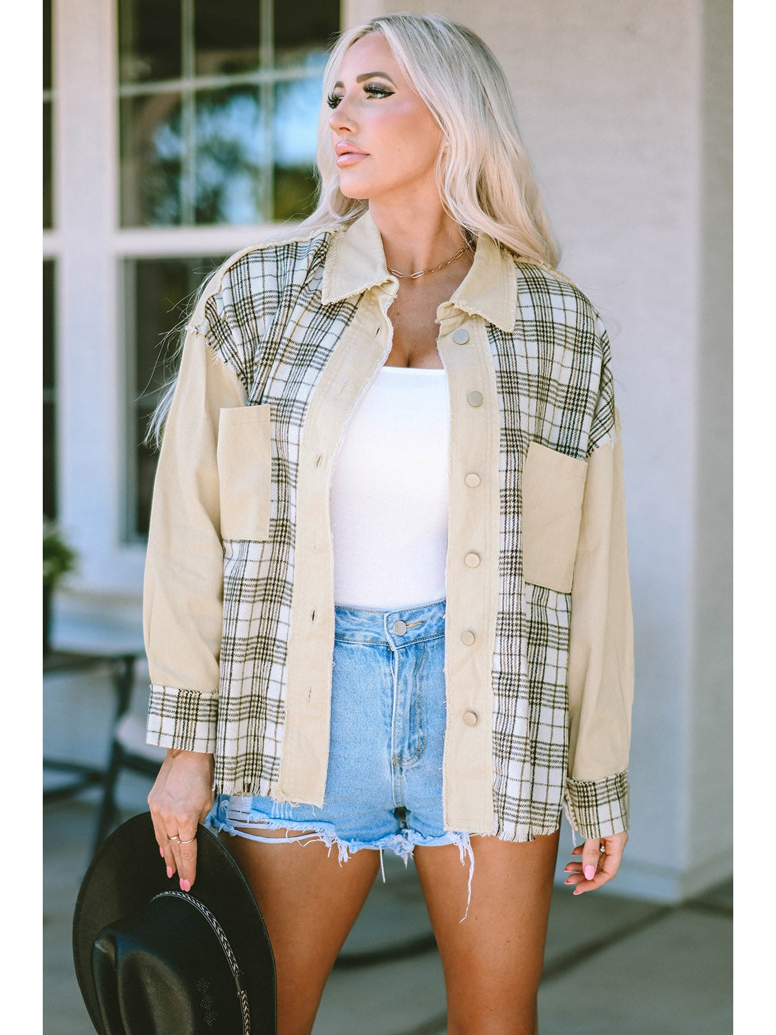 Plaid Raw Hem Button Down Jacket nicholesgifts