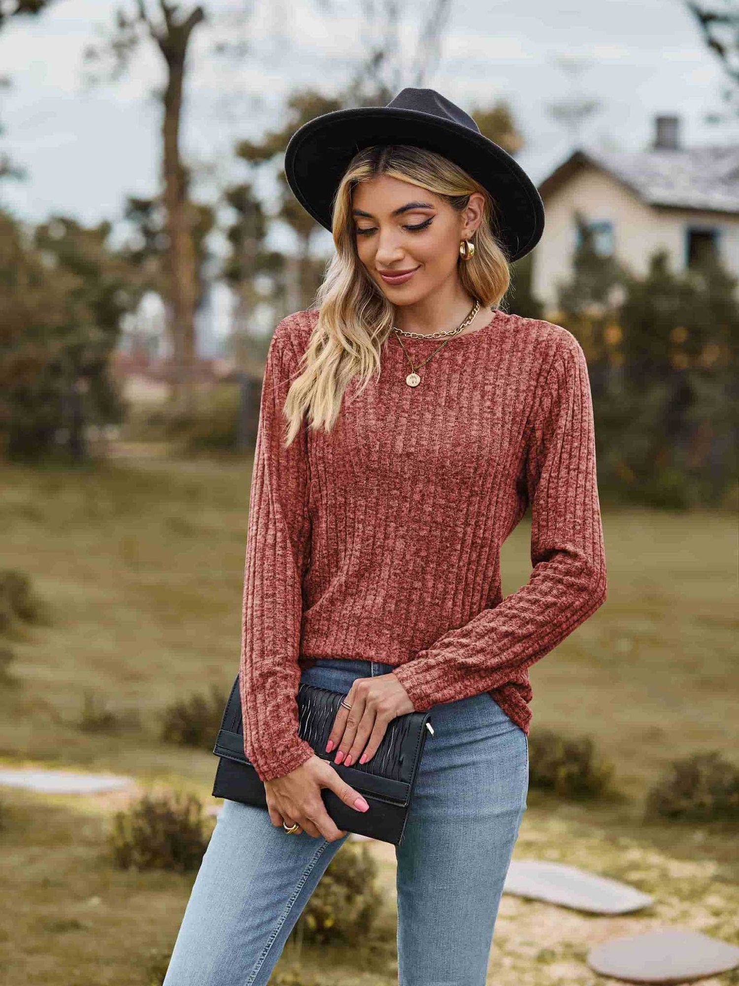 Ribbed Round Neck Long Sleeve Tee NicholesGifts