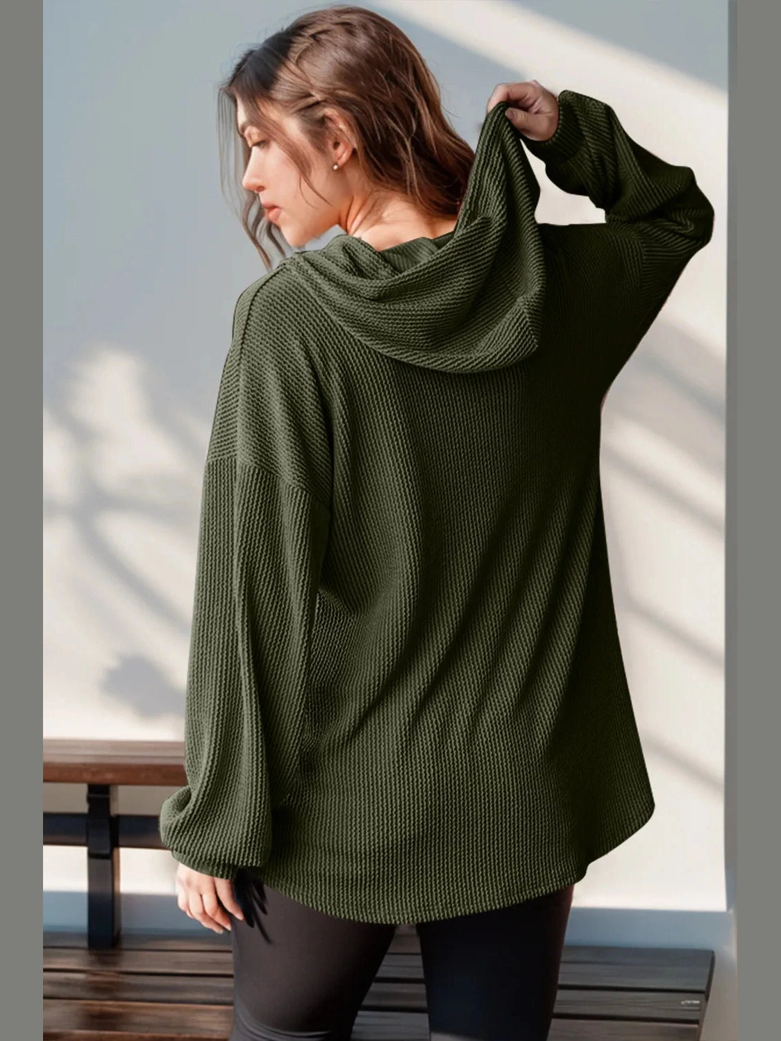 Double Take Full Size Half Button Long Sleeve Hoodie Trendsi