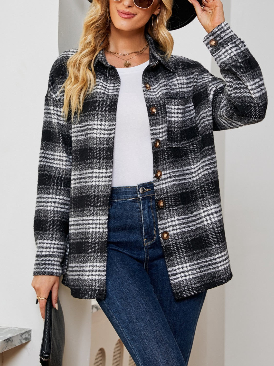 Plaid Collared Shirt Jacket nicholesgifts