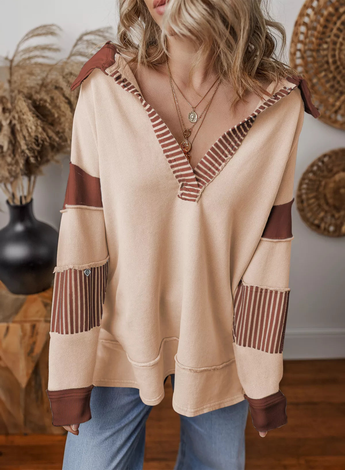 Color Block Striped Johnny Collar Sweatshirt nicholesgifts
