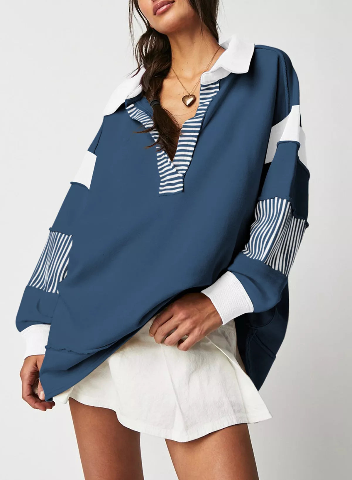 Color Block Striped Johnny Collar Sweatshirt nicholesgifts