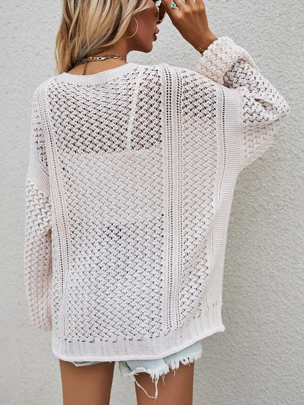 Openwork Button Front Cardigan nicholesgifts
