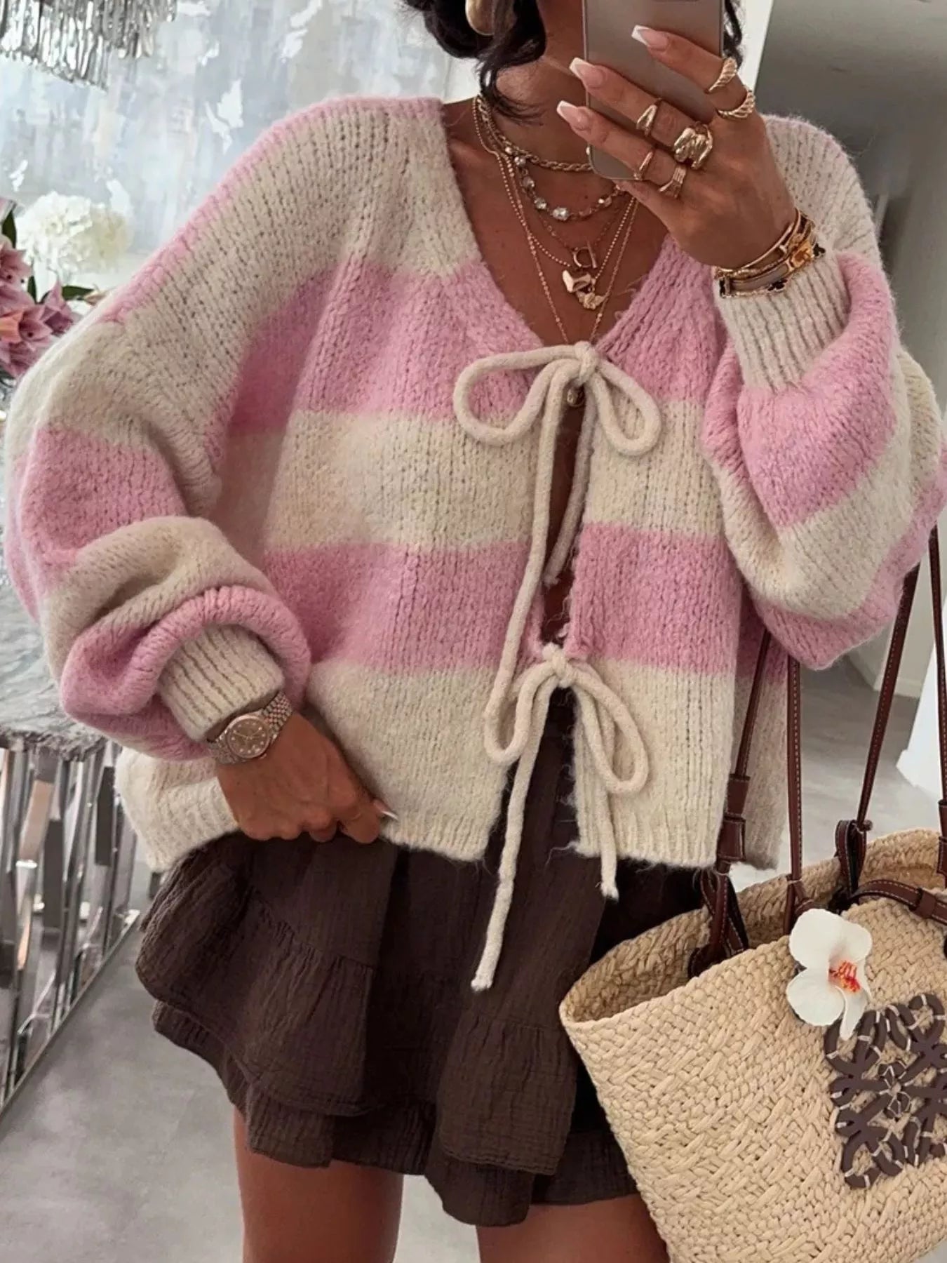 Striped Tie-Front Knit Cardigan Trendsi