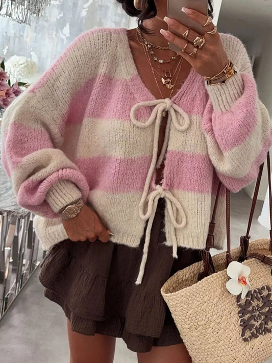 Striped Tie-Front Knit Cardigan Trendsi