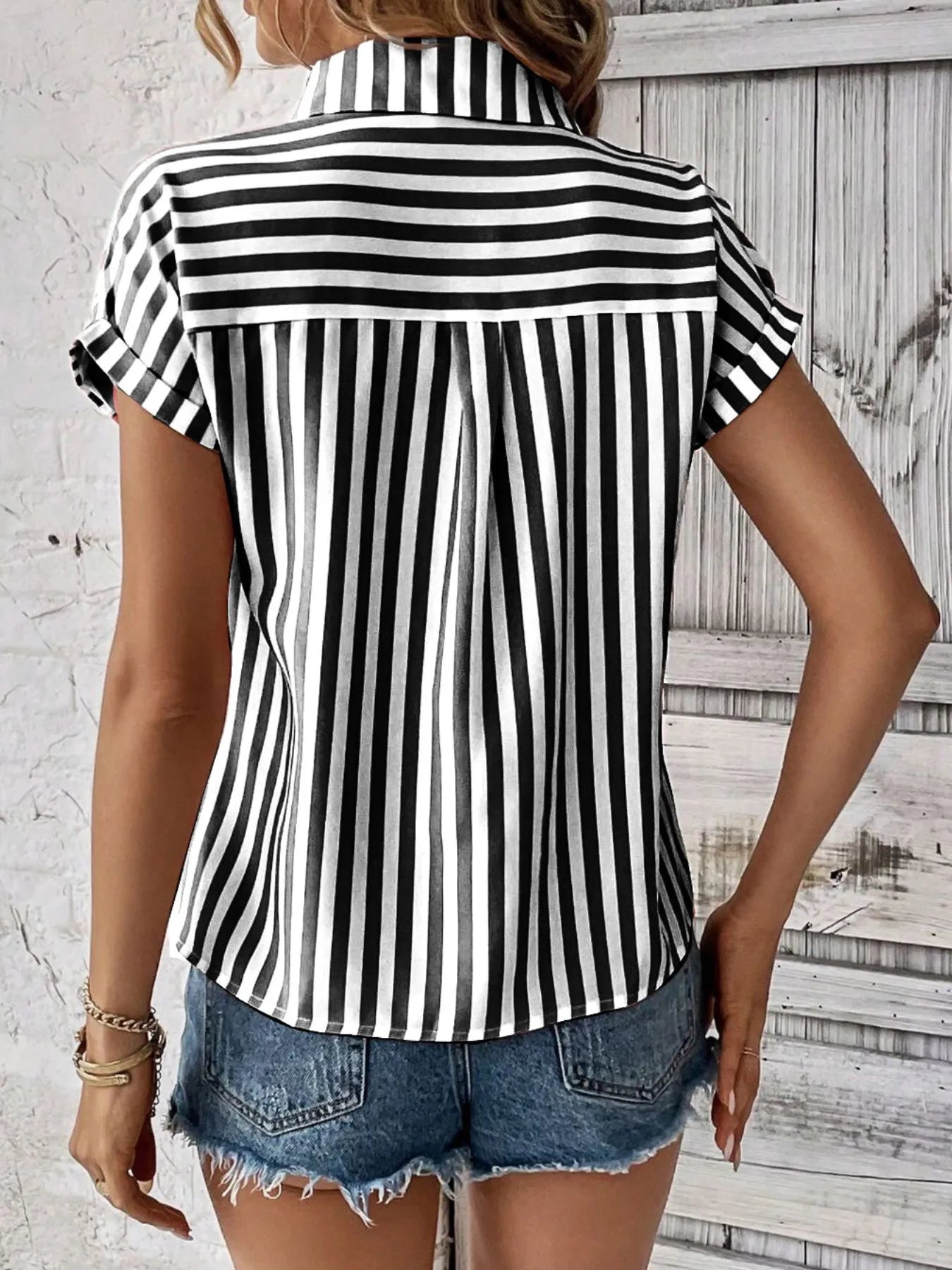 Striped Button-Up Short Sleeve Shirt with Pocket